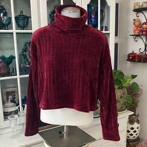 Ribbed Velour Crop Sweater Sz Large Maroon Burgundy